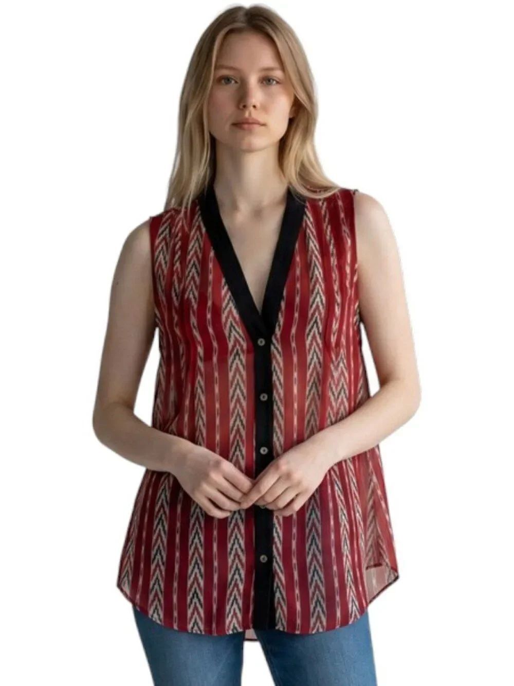 MYNE Ashley Ann Sleeveless Button Front Vest Top Ikat Chevron Print Red Size S